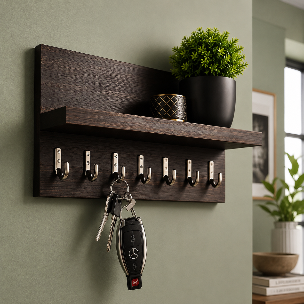 Dark wood wall-mounted key holder with 7 hooks and display shelf on a sage green wall