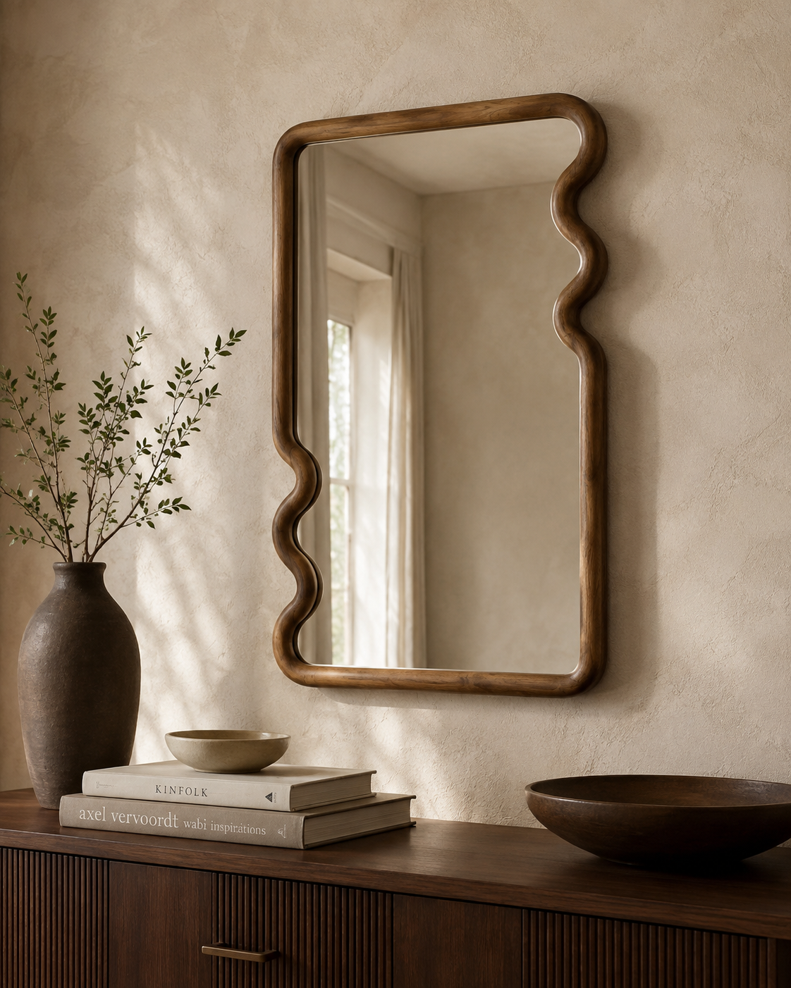 Organic wavy wood mirror on a textured plaster wall above a dark ribbed sideboard with Kinfolk books and ceramic bowl