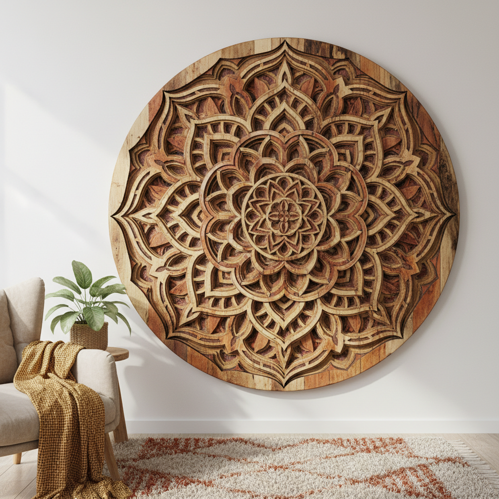 Handcrafted rustic mandala wooden wall art in natural wood hanging on a white wall