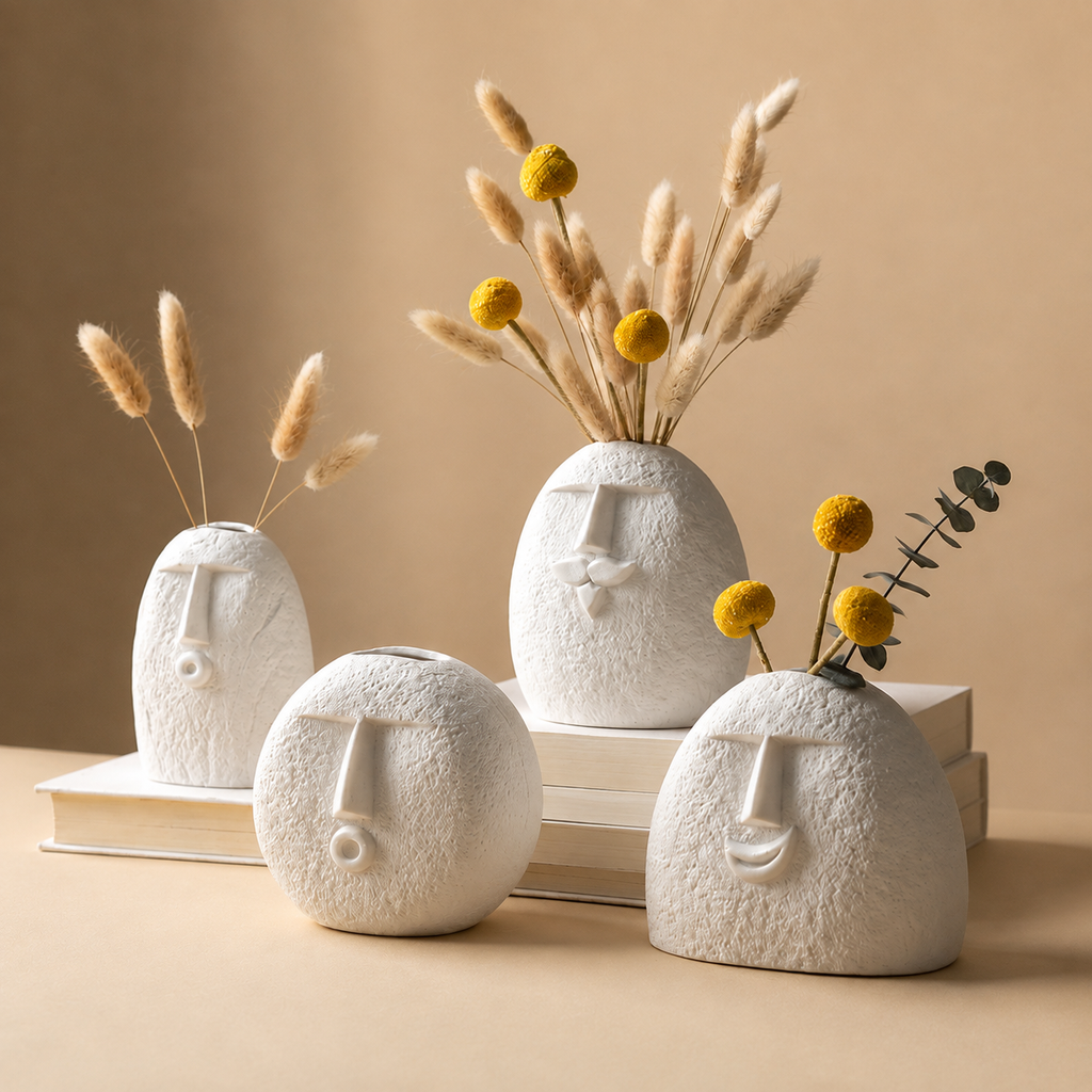 Set of four abstract face ceramic vases styled with pampas grass and craspedia