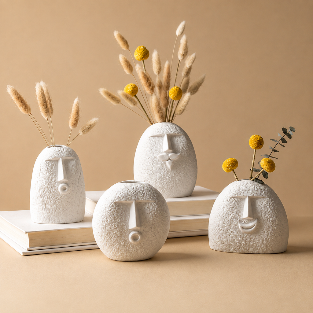 Four abstract face ceramic vases with dried botanicals on a warm beige surface