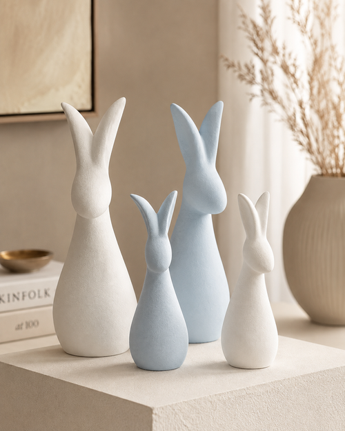 Set of four ceramic bunny sculptures in white and powder blue on a white table