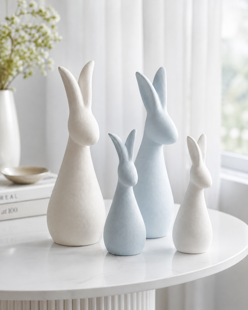 Ceramic bunny sculptures styled on a shelf with pampas grass and neutral decor