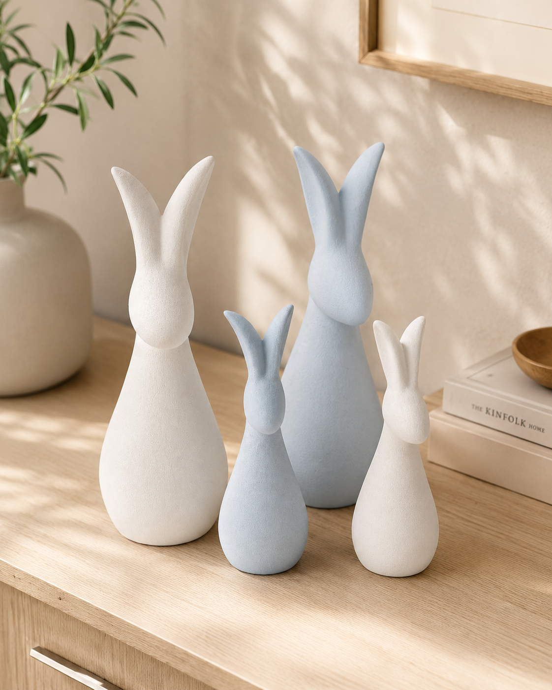 Four ceramic bunny sculptures in white and blue on a stone surface