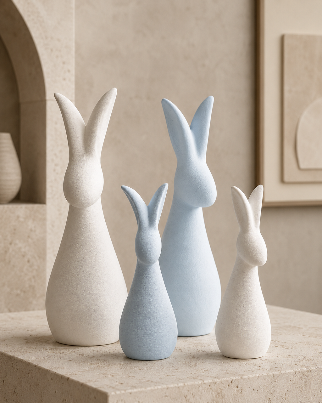 Ceramic bunny sculptures on a wooden console table with soft natural light