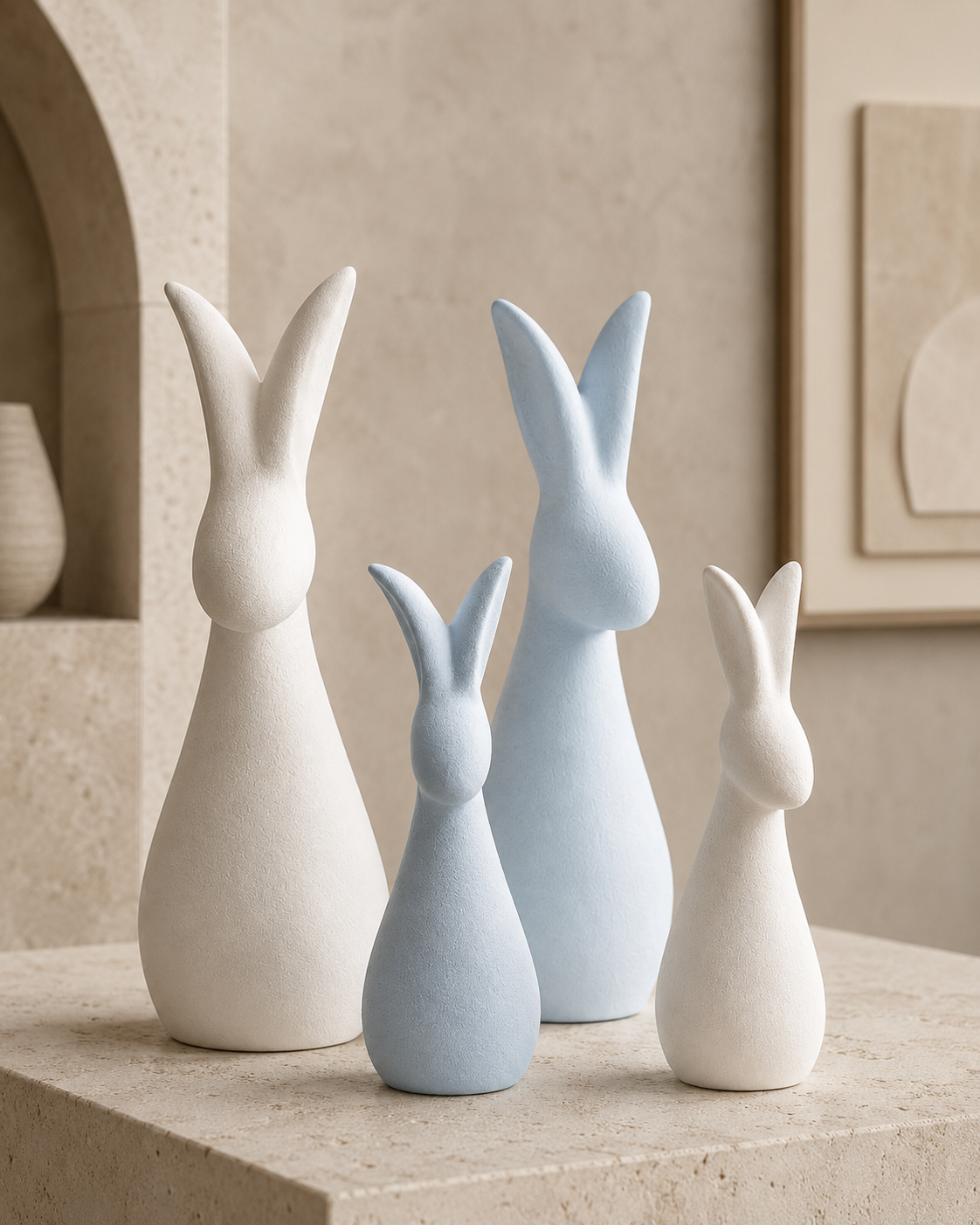 Ceramic bunny sculptures on a wooden console table with soft natural light