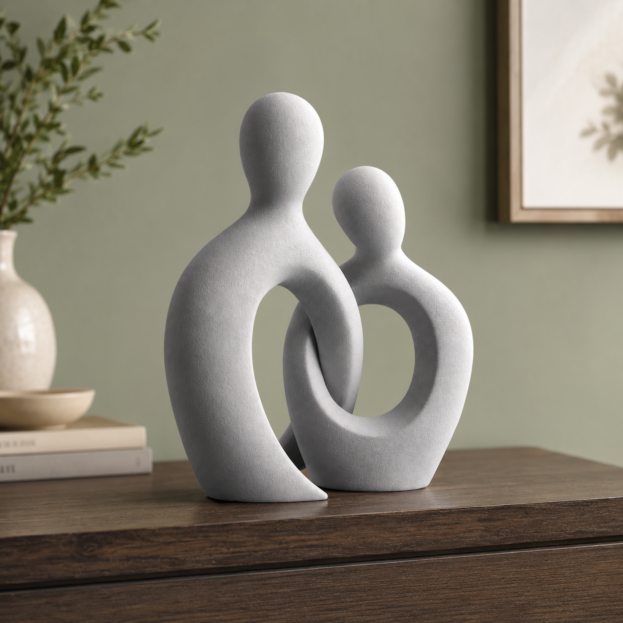 Abstract couple sculpture styled on a dark wood console with greenery