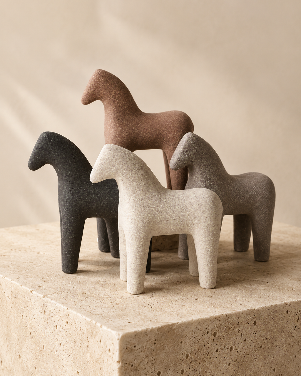 Set of four ceramic horse sculptures in cream, brown, black and grey on a travertine surface
