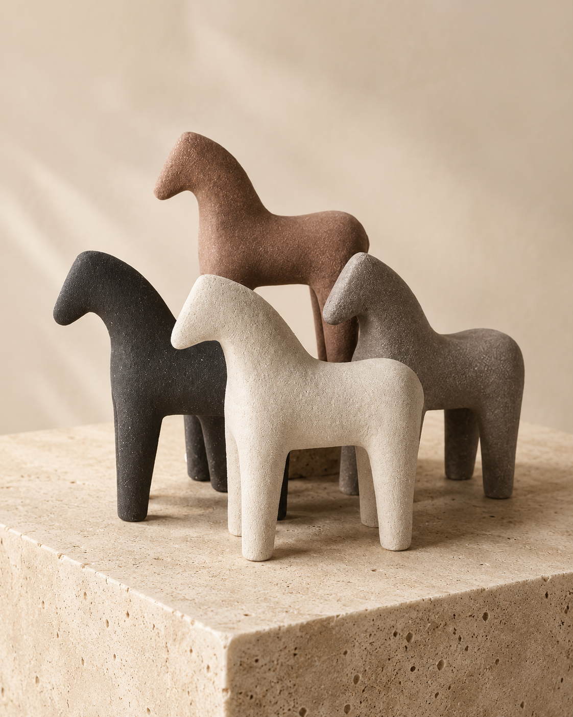 Set of four ceramic horse sculptures in cream, brown, black and grey on a travertine surface