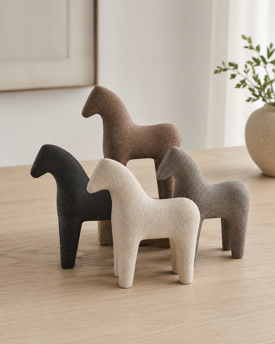 Four ceramic horse sculptures styled on a wooden surface with neutral decor