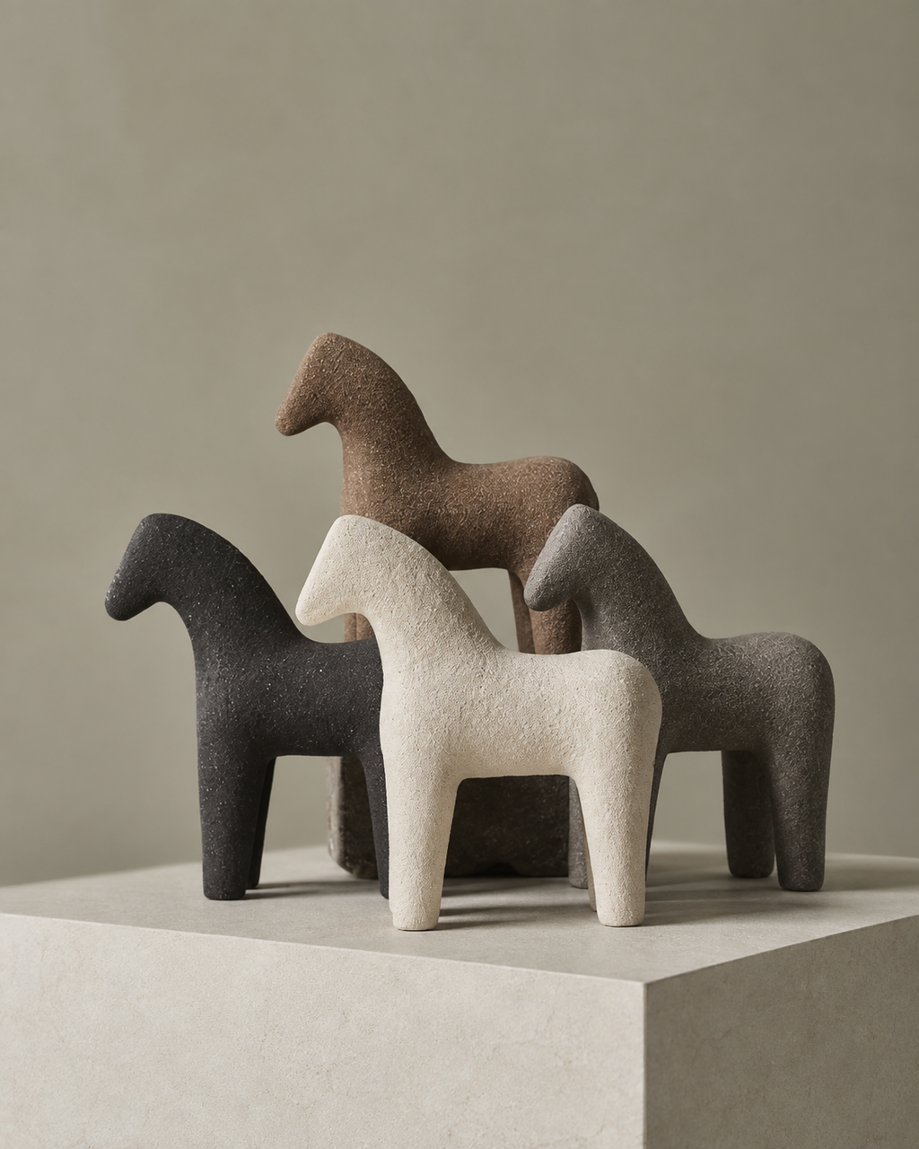 Ceramic horse sculptures in earthy tones displayed on a white plinth