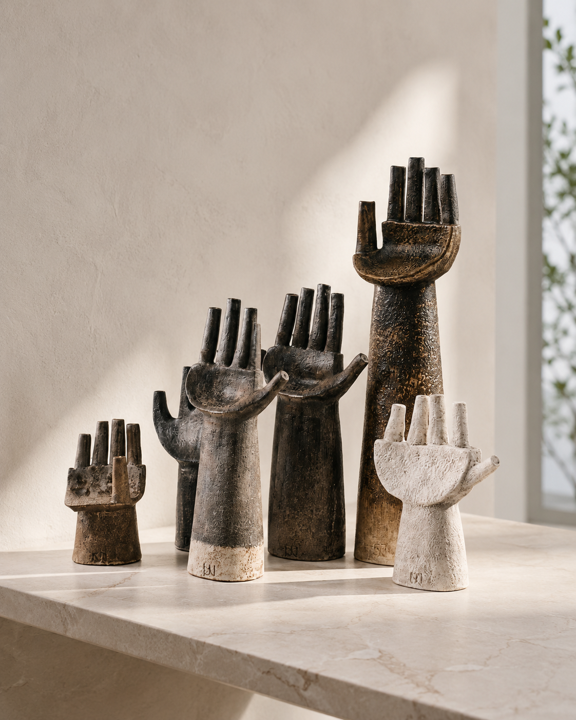 Raised hand ceramic sculptures on a travertine shelf