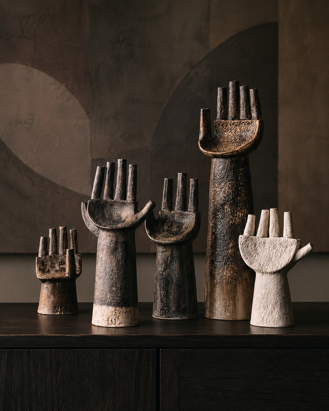 Raised hand ceramic sculptures in a niche display
