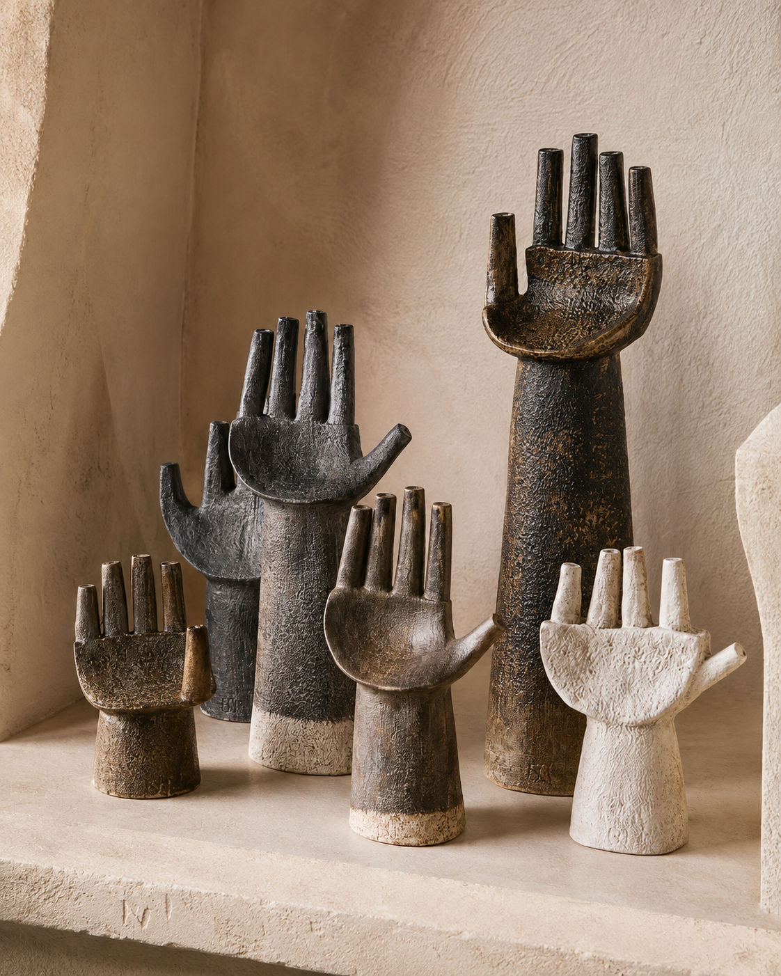 Raised hand ceramic sculptures on a dark wood console