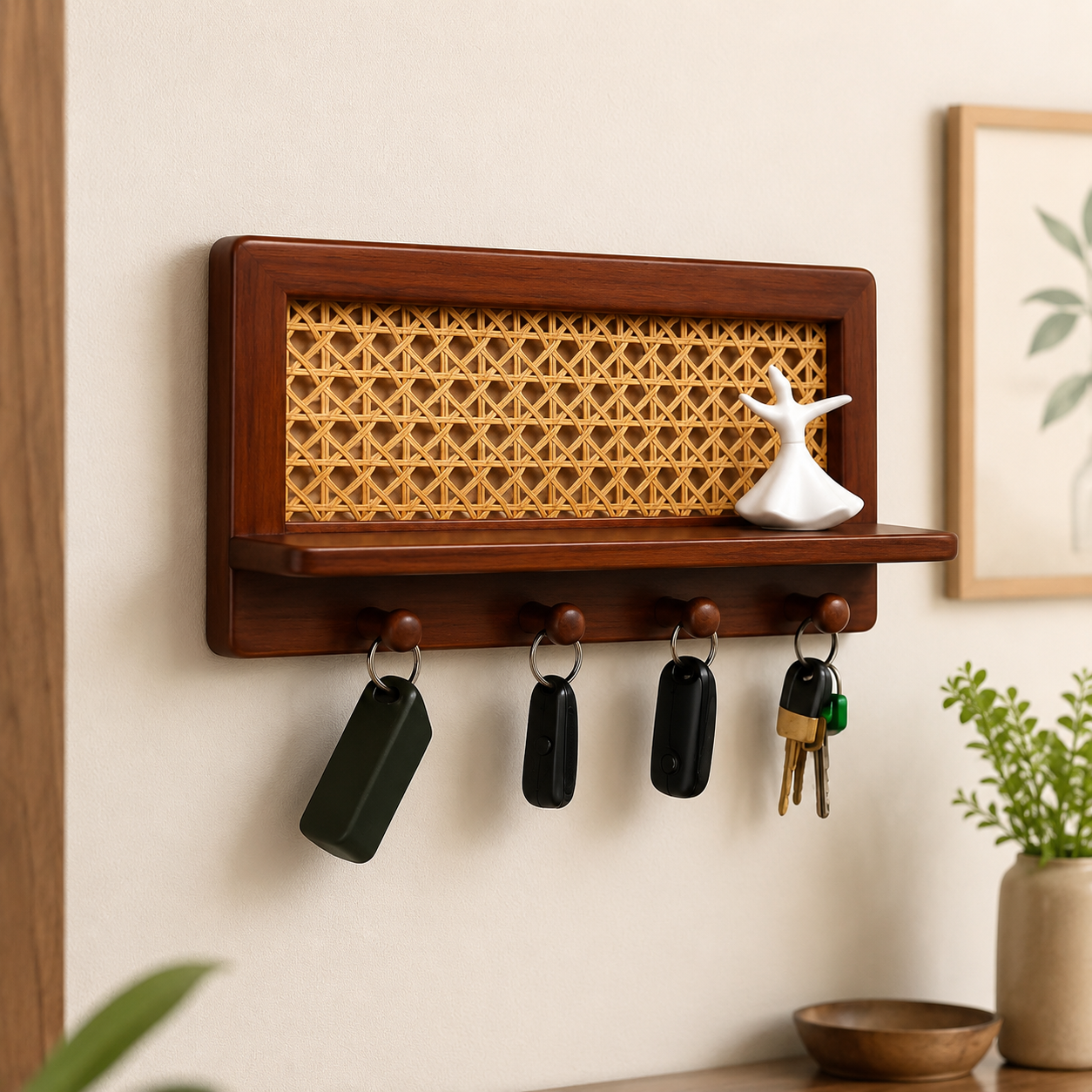 Rattan wood key holder with shelf mounted on a cream wall with keys hanging from hooks