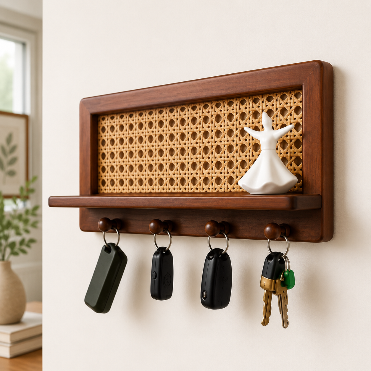 Rattan key holder with 4 wooden hooks and front shelf in a bright entryway
