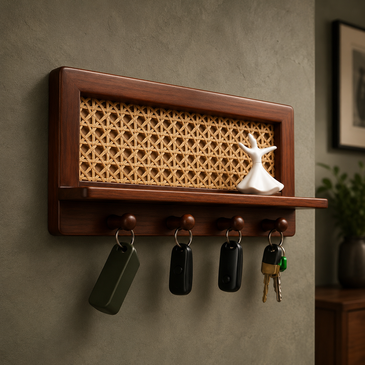 Dark walnut rattan key holder mounted on a grey wall with keys and small decor