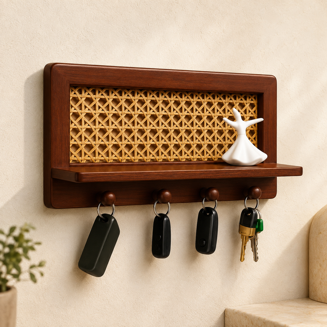 Rattan wood key holder with shelf styled with a small white ceramic figurine