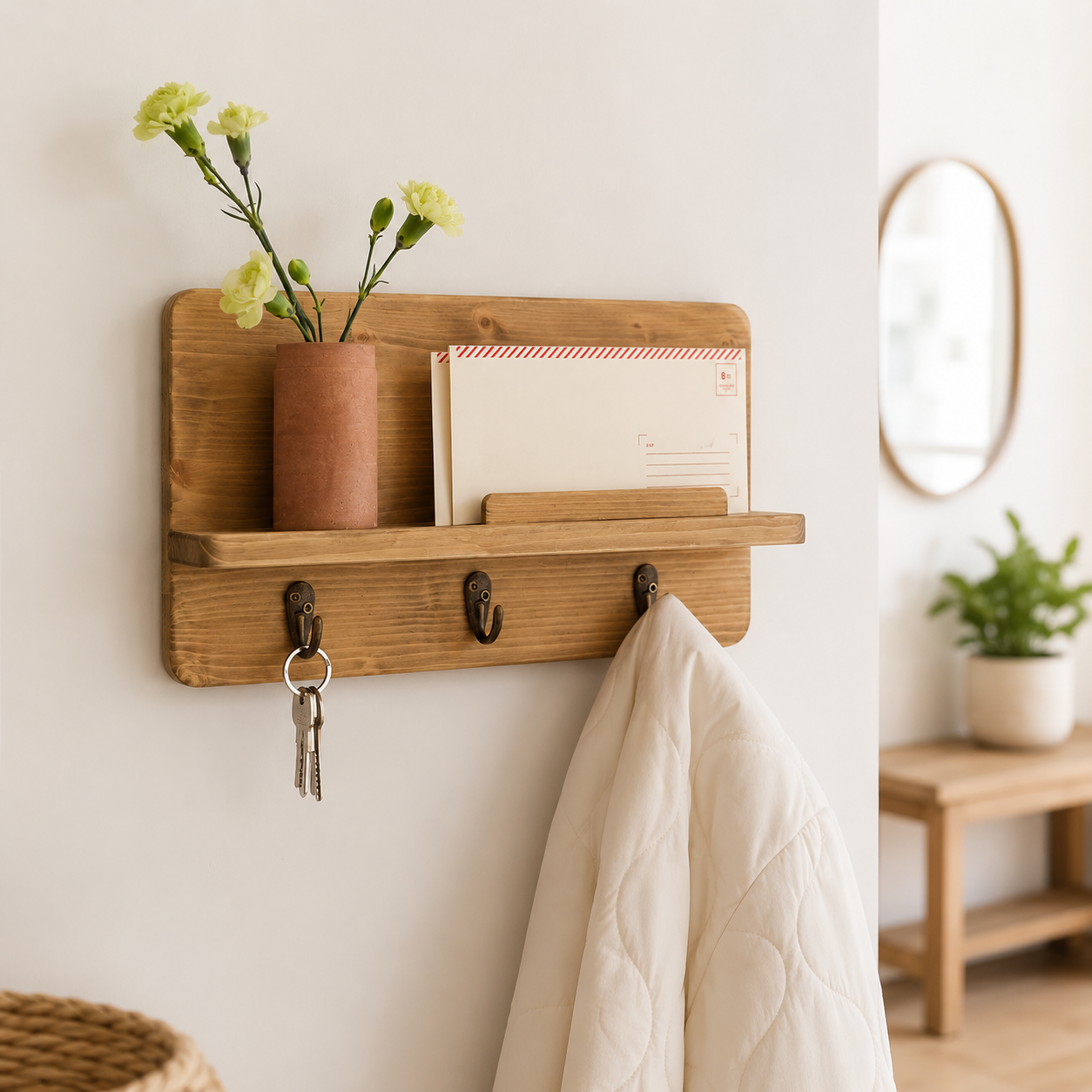 Rustic oak wood key holder with mail shelf and 3 bronze hooks holding keys and a coat in a bright entryway