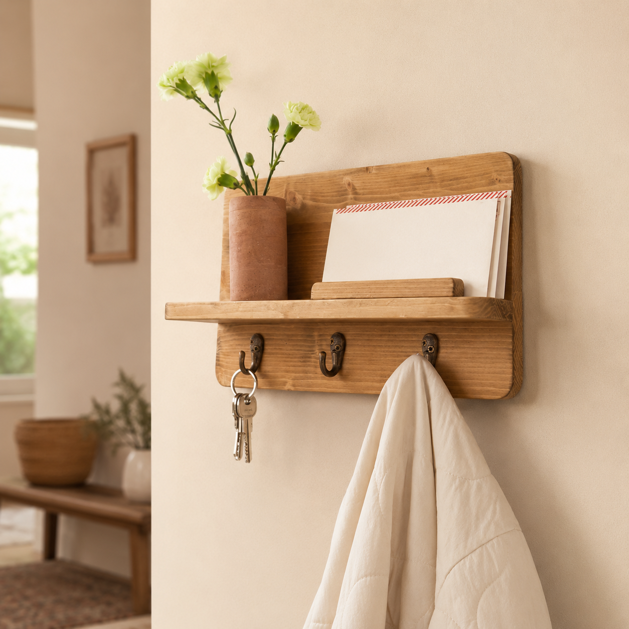 Natural wood key holder with antique bronze hooks styled with a terracotta vase and carnations