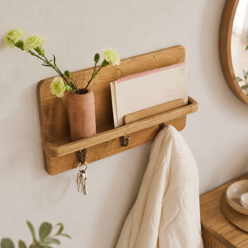 Rustic wood wall organiser with mail ledge and hooks mounted on a white wall with round mirror
