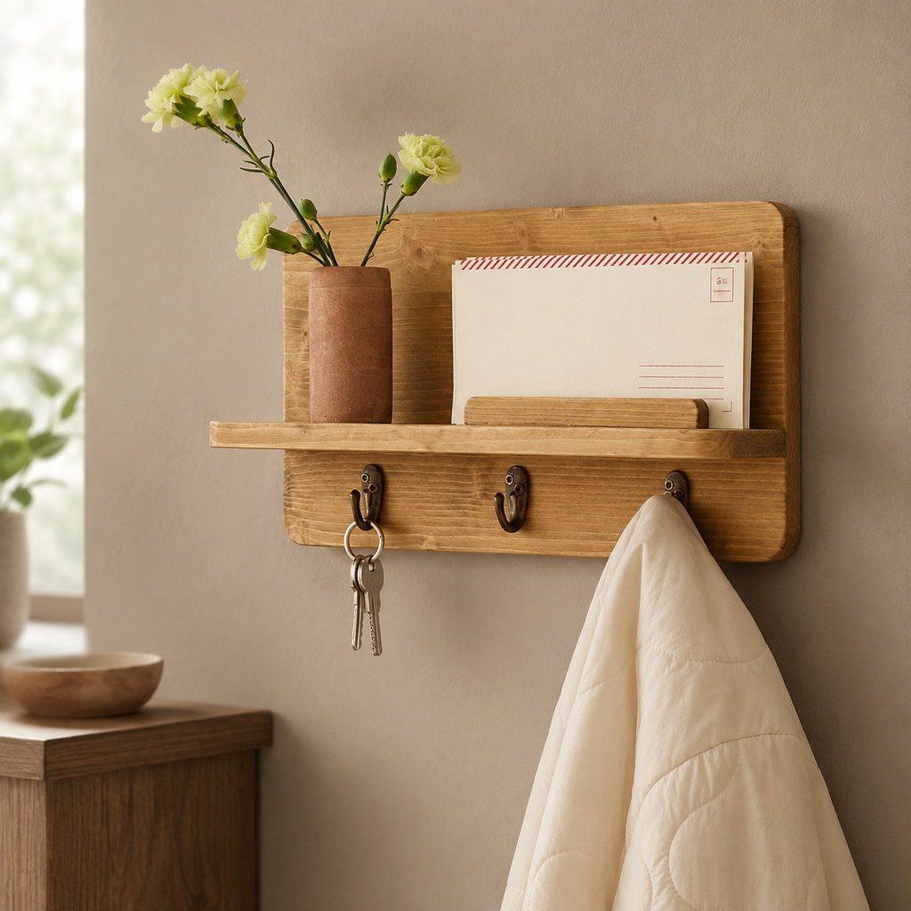 Oak wood key holder with 3 hooks and mail shelf in a warm neutral entryway setting