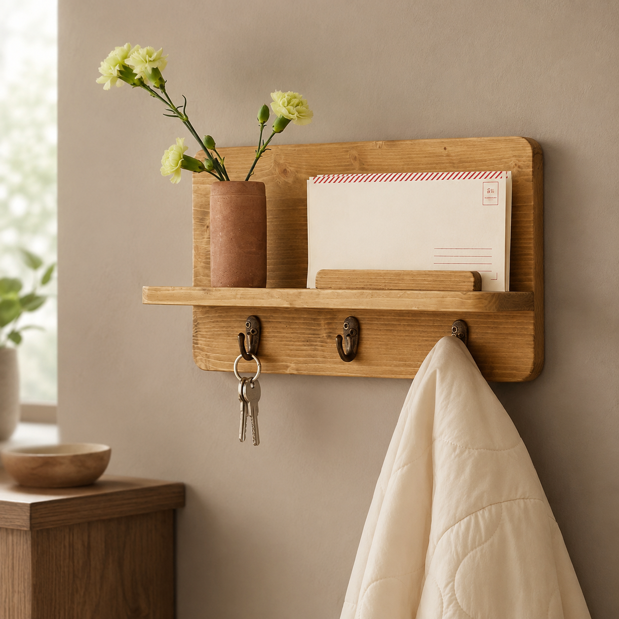 Oak wood key holder with 3 hooks and mail shelf in a warm neutral entryway setting