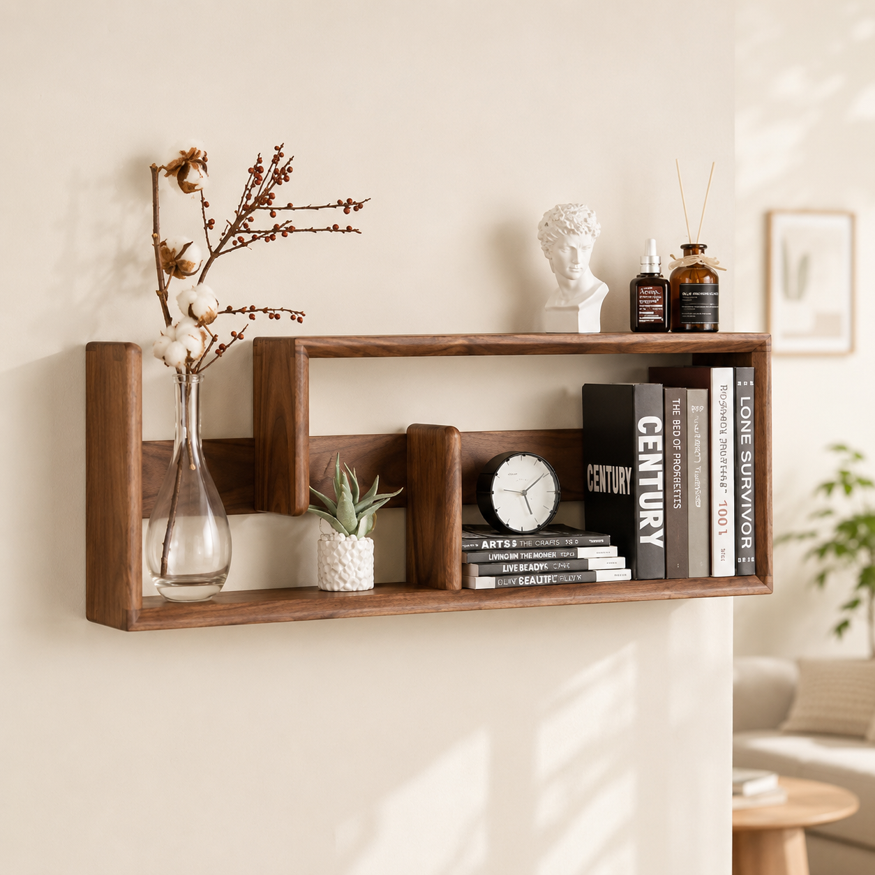 Dark walnut floating wood display shelf with books, clock, succulent and cotton stem vase on a cream wall
