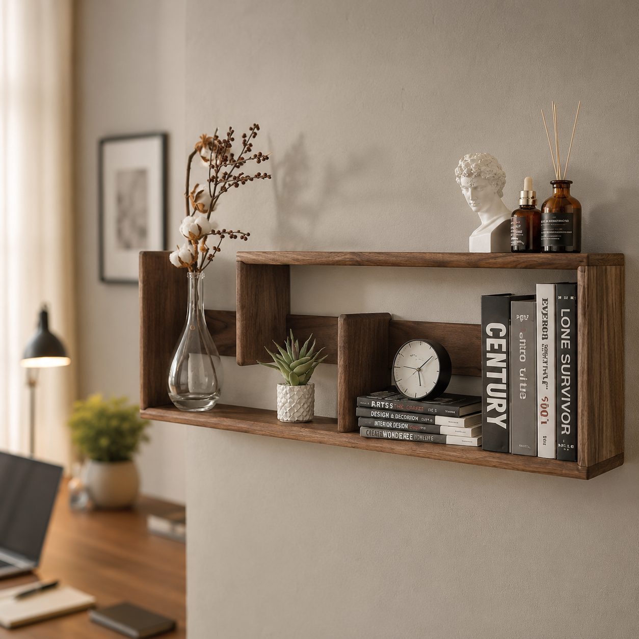 Floating walnut wood shelf styled with books, a small plant and dried cotton stems in a home office