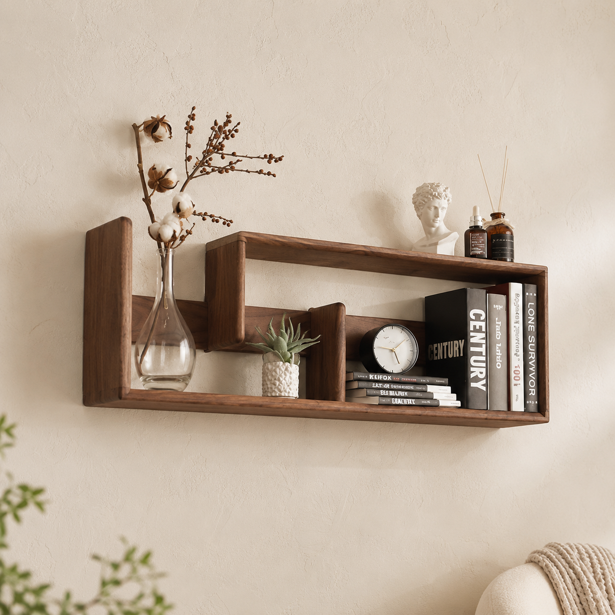 Dark wood split-level floating shelf with decor and books on a beige wall