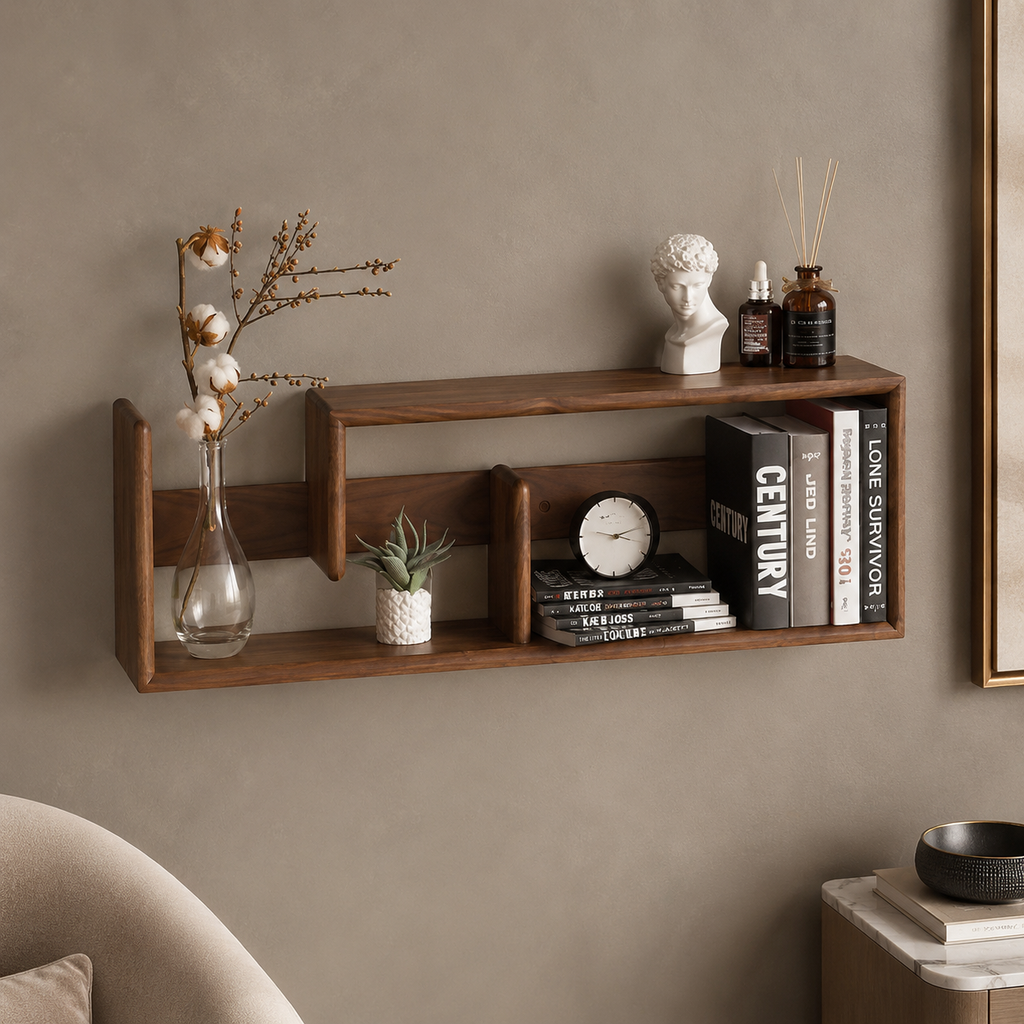 Walnut floating display shelf with compartments styled in a warm living room setting
