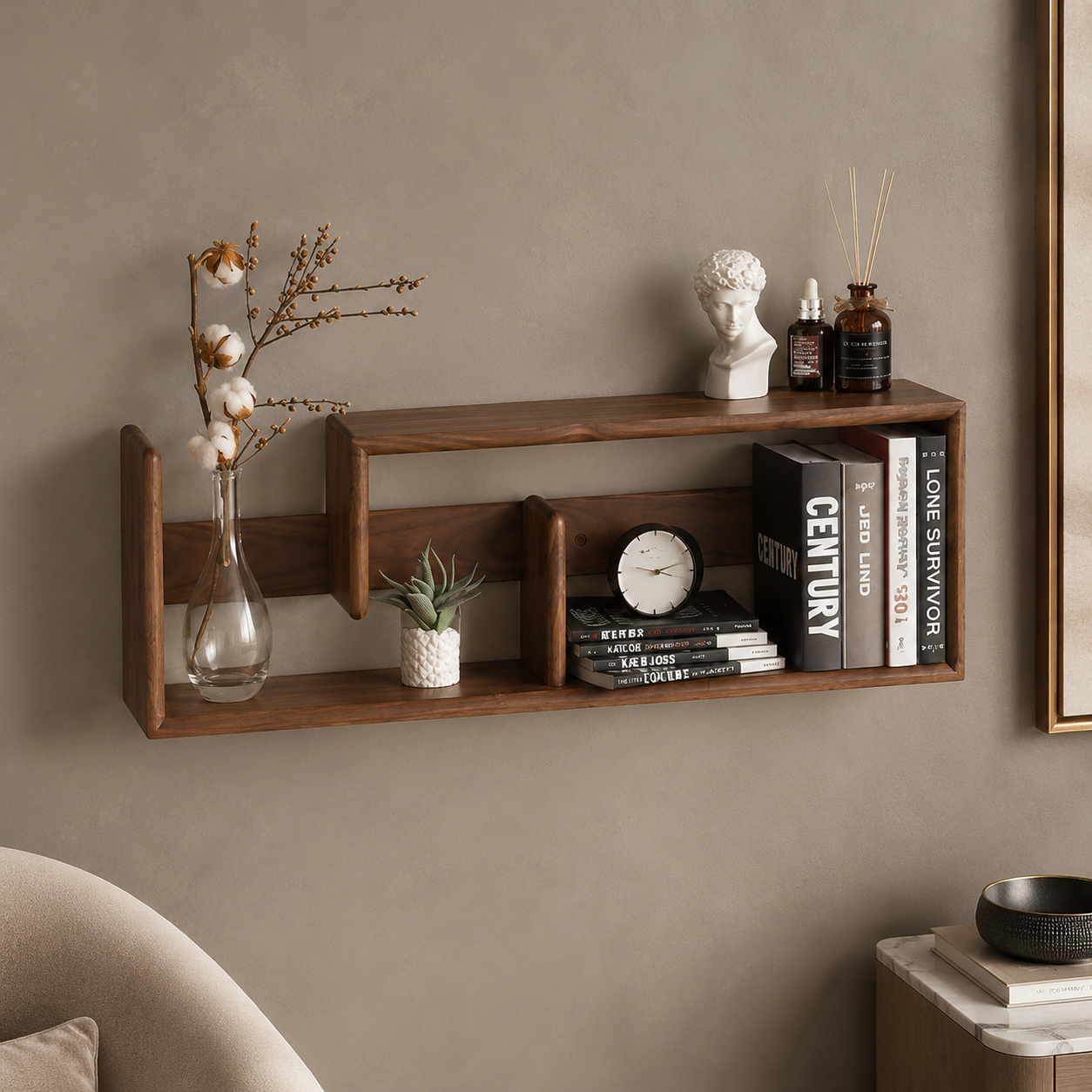 Walnut floating display shelf with compartments styled in a warm living room setting