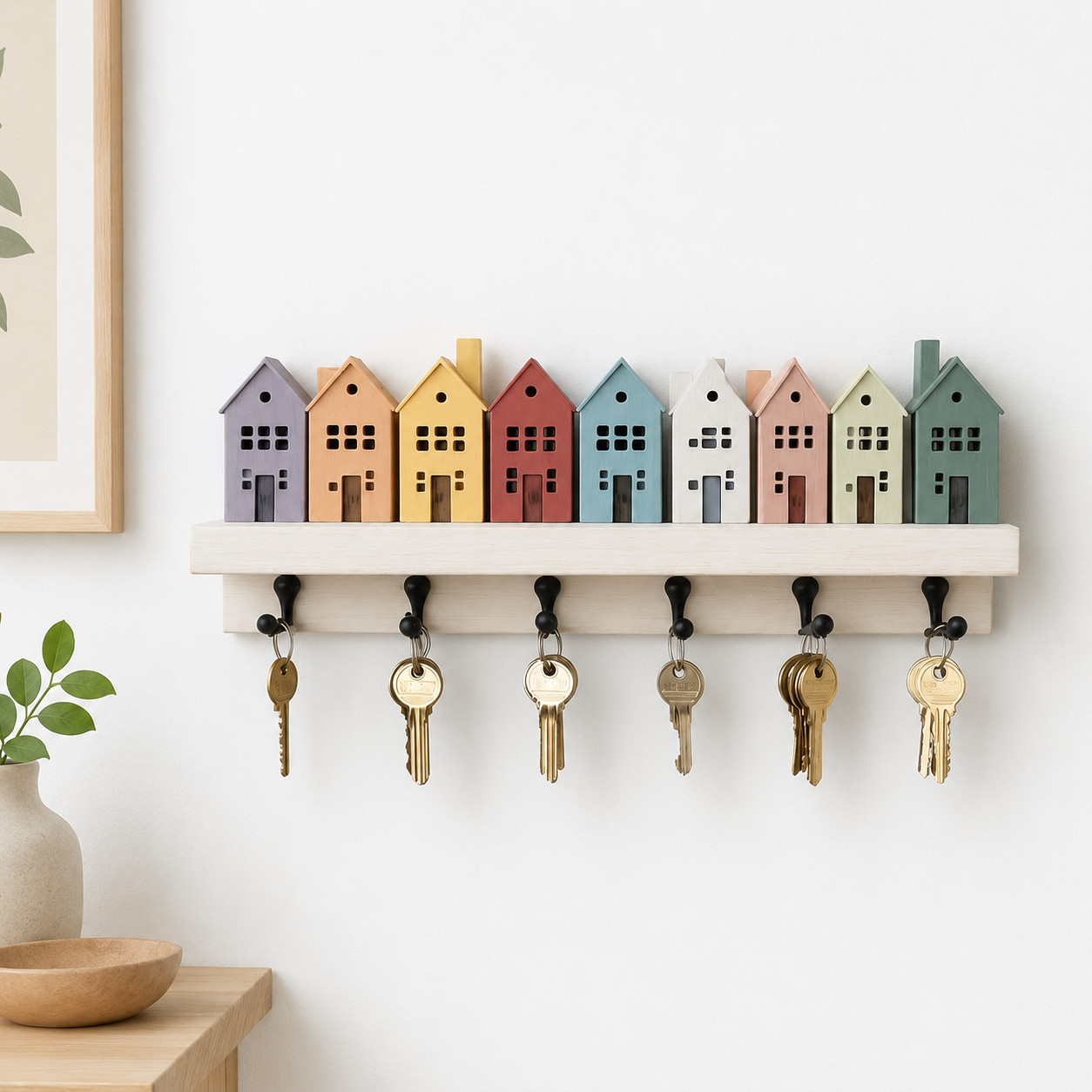 Colourful village house key holder with 7 black hooks and keys on a white wall