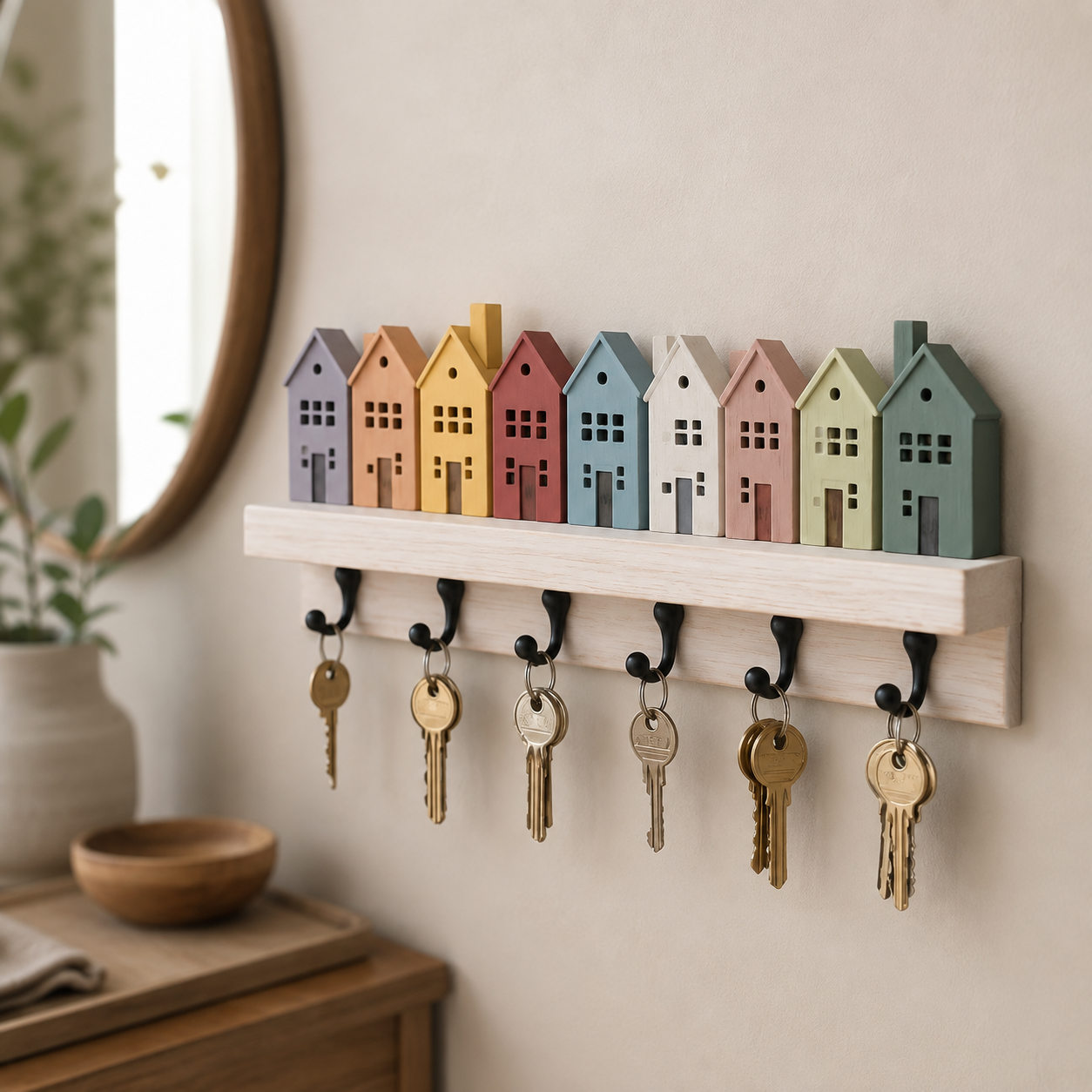 Pastel miniature house key rack mounted in a warm entryway with round mirror and wooden console