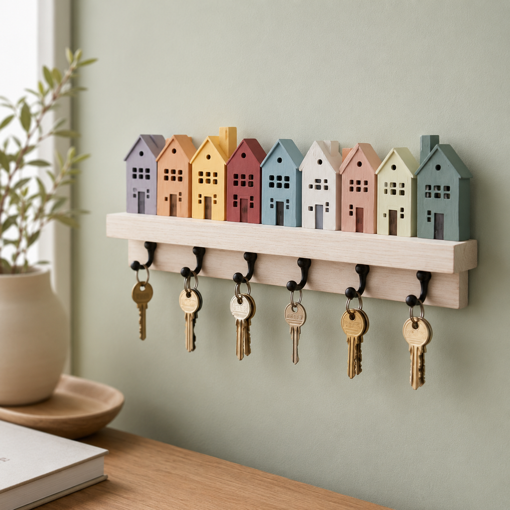 Village house key holder with 8 pastel houses on a sage green wall with plant