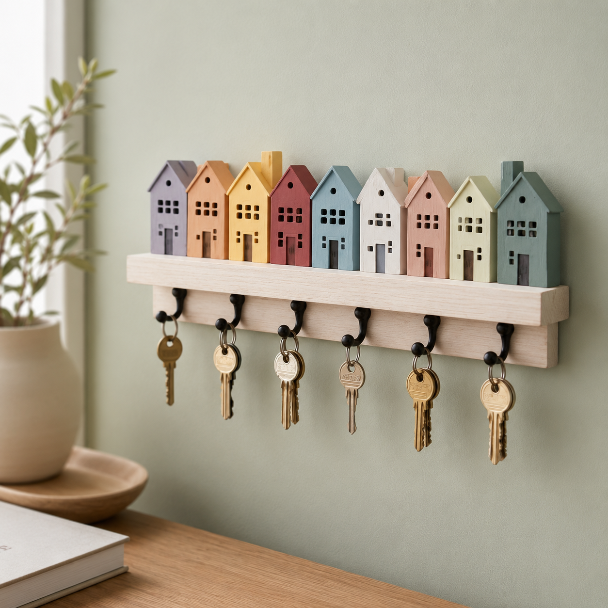 Village house key holder with 8 pastel houses on a sage green wall with plant