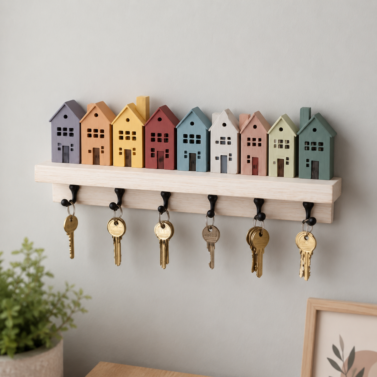 Colourful house key rack with 7 hooks styled on a grey wall with framed art and plant