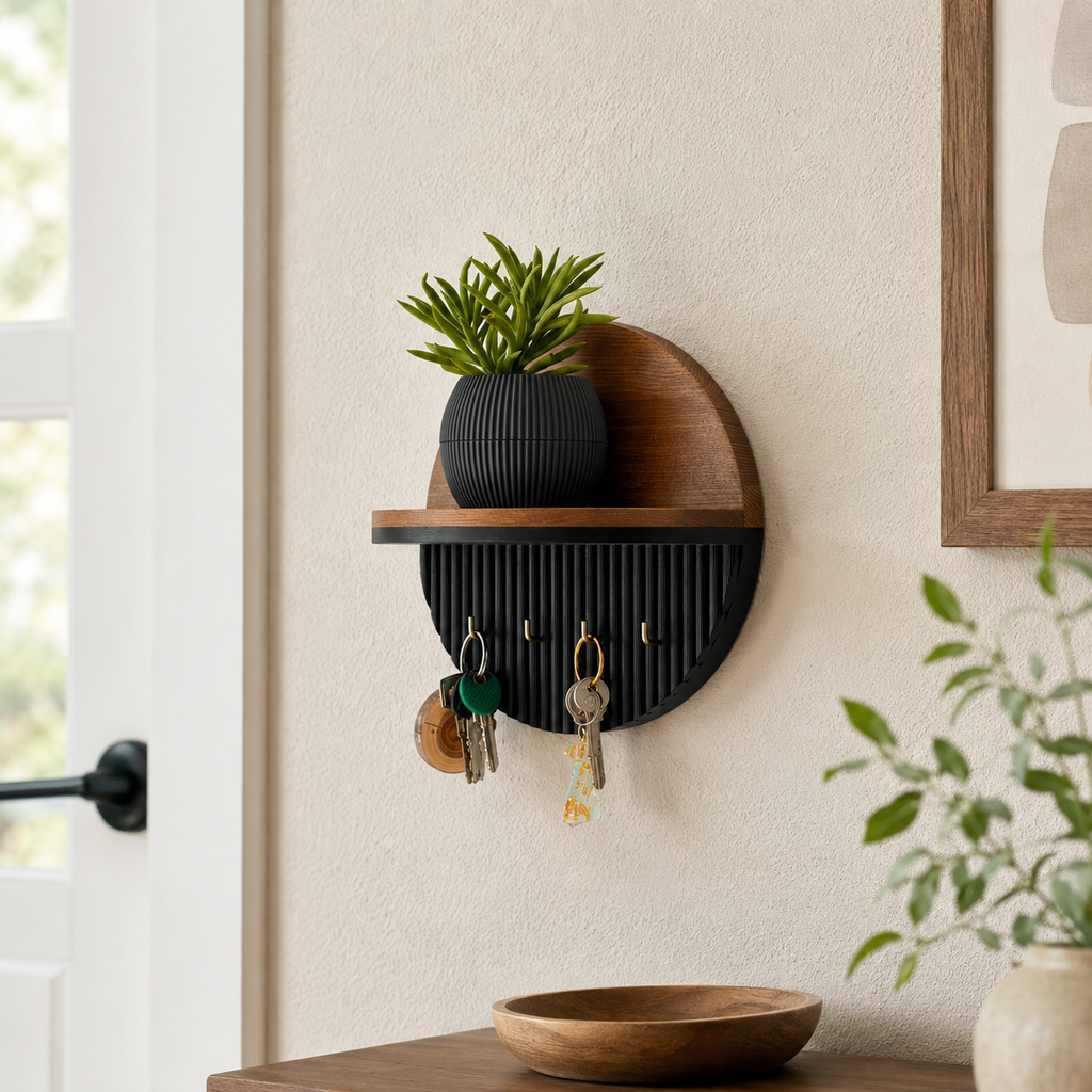 Circular walnut wood and black ribbed key holder with shelf holding a succulent plant and keys on a cream wall