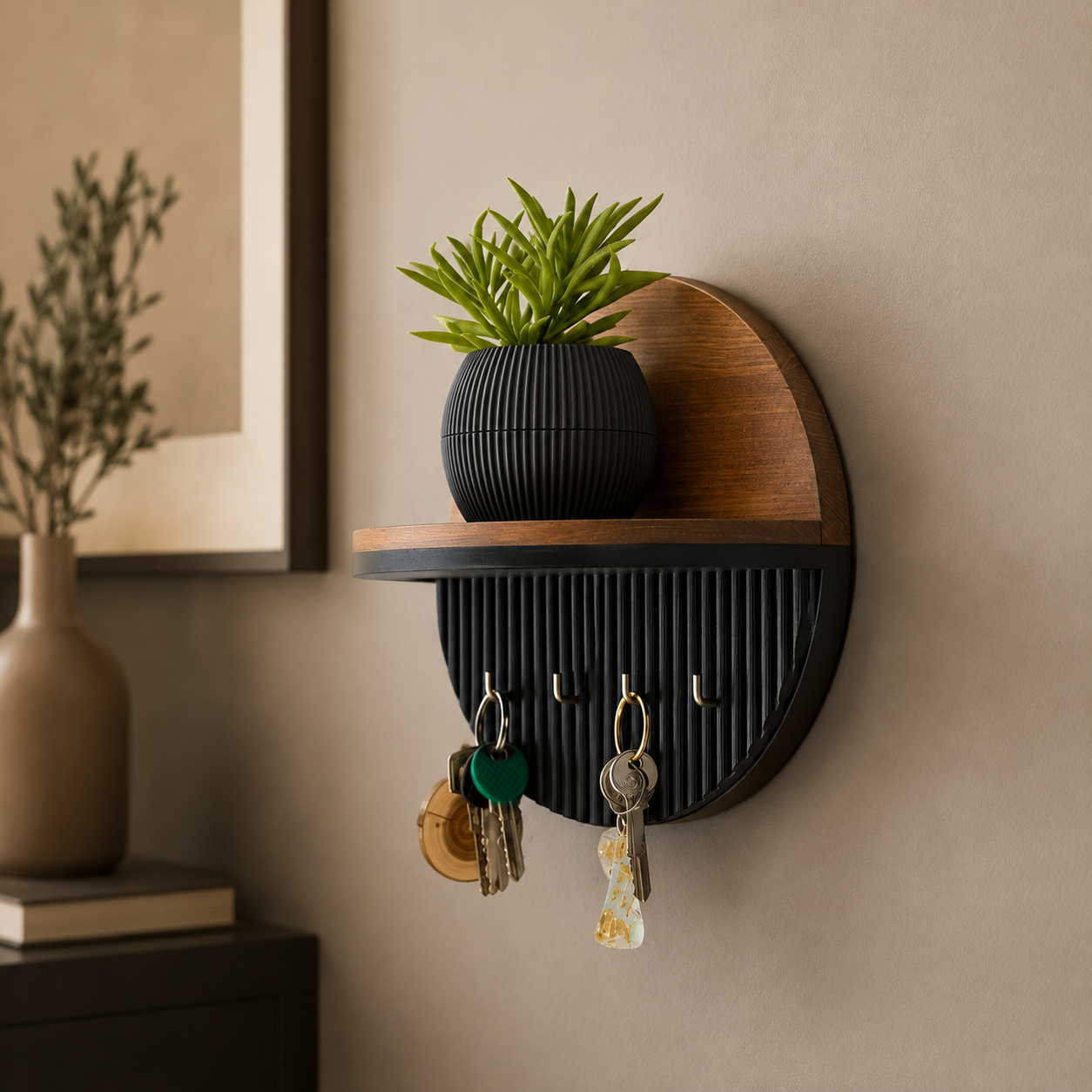 Circular key holder with walnut shelf and ribbed black panel with keys in a warm neutral entryway