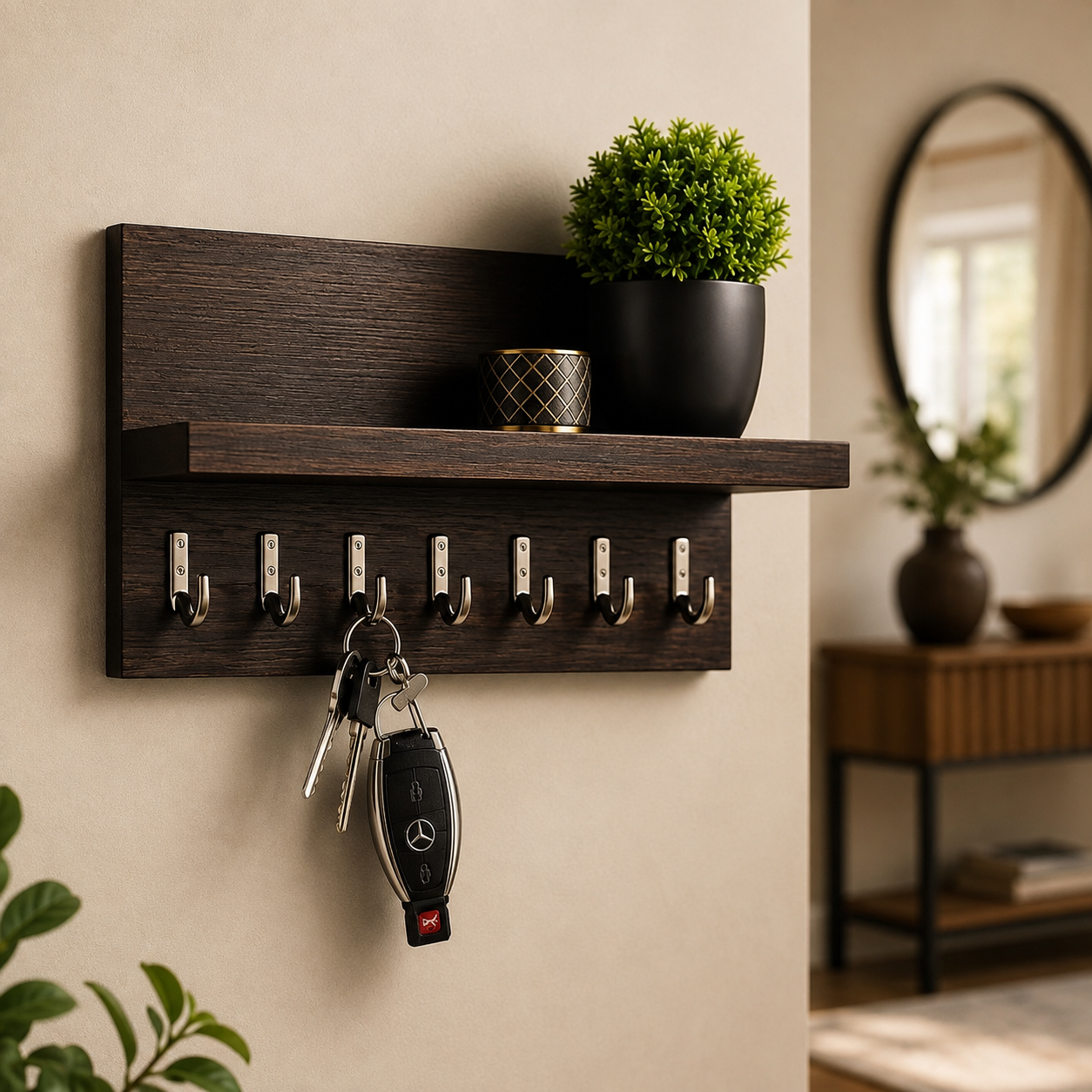 Dark espresso wood key holder shelf with 7 brushed nickel hooks holding car keys on a cream wall with round mirror