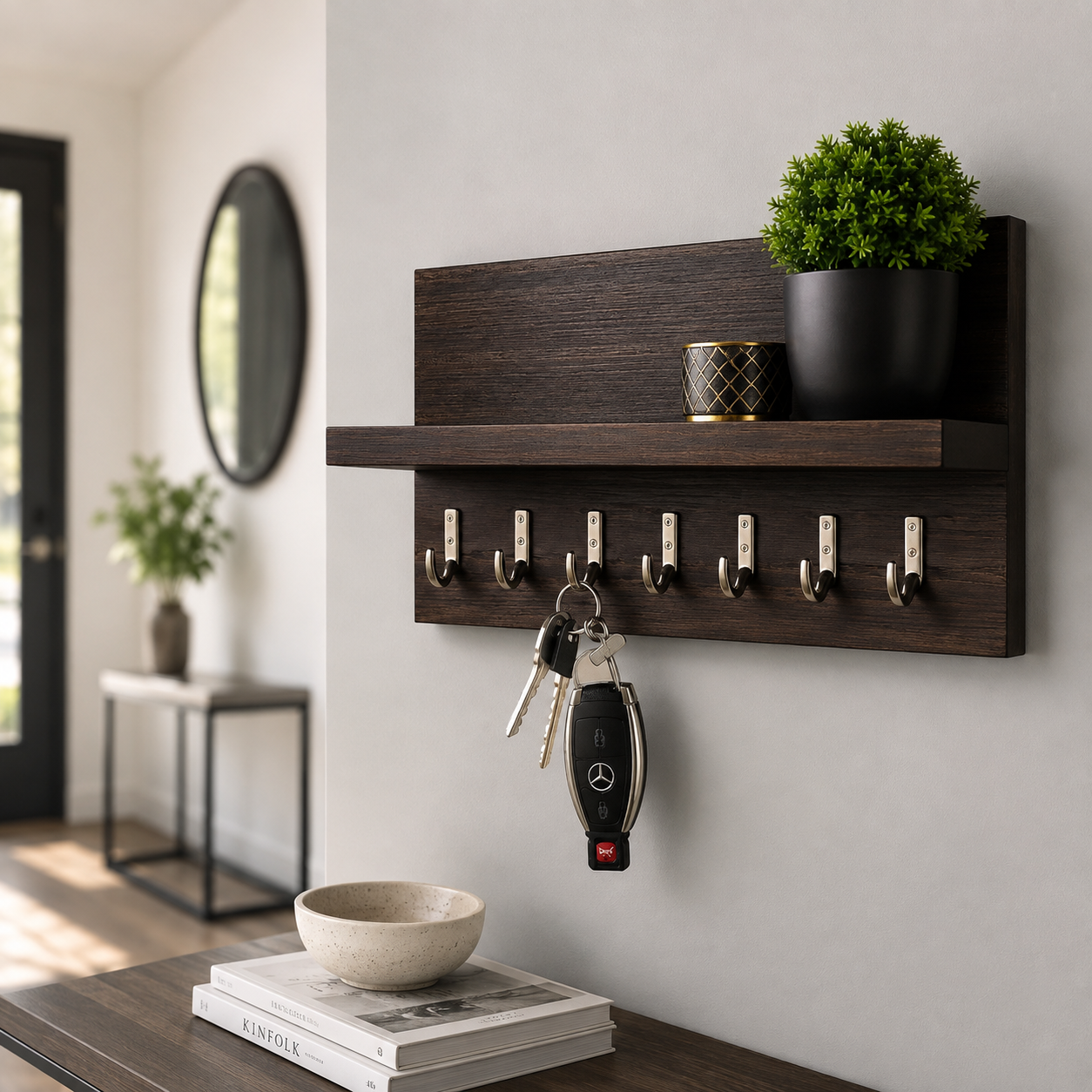 Dark wood key holder with 7 hooks and top shelf styled with a plant and gold candle holder in a modern entryway