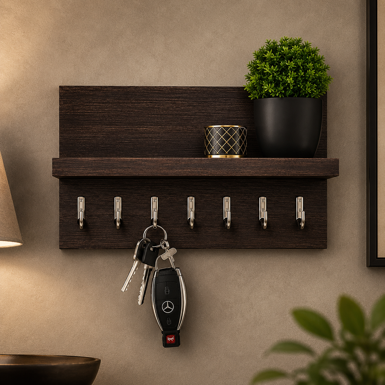 Espresso wood key holder shelf with 7 nickel hooks and plant on a warm beige wall with lamp