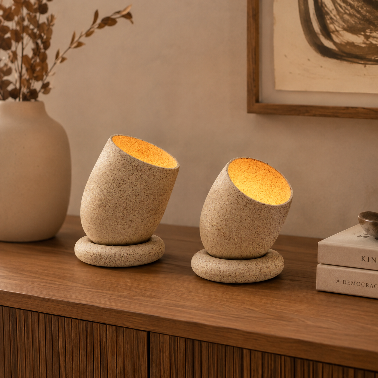 Two tilted ceramic tealight holders glowing on a dark walnut sideboard with dried botanicals and books