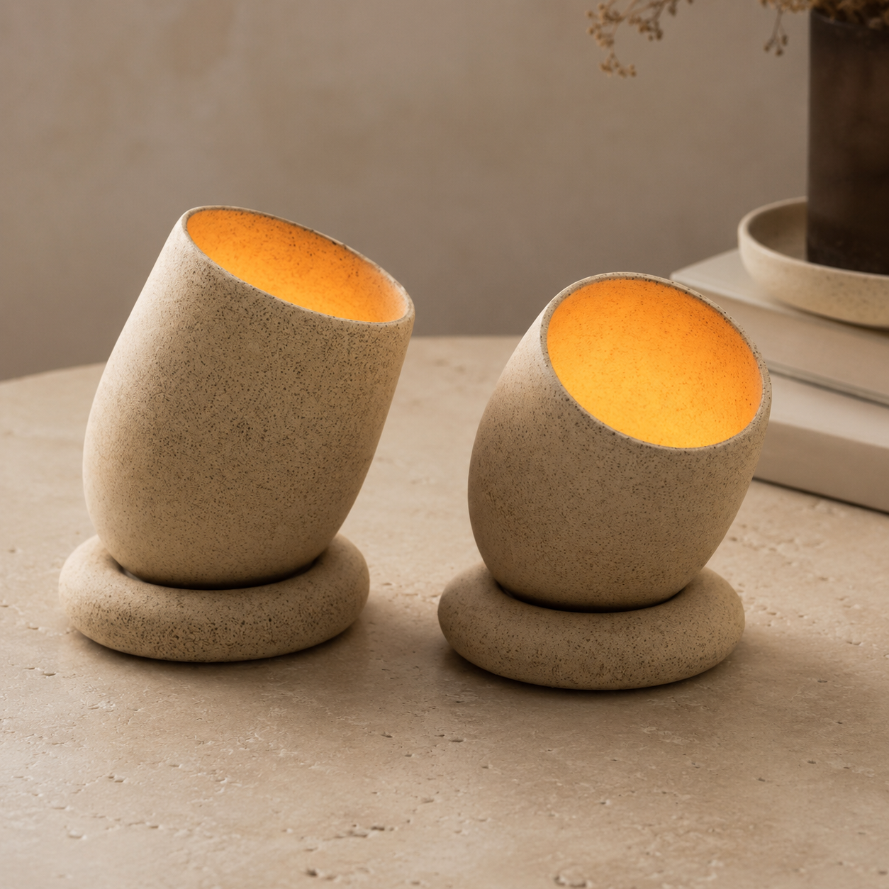 Pair of sandy cream tilted ceramic tealight holders on a travertine surface with warm candlelight
