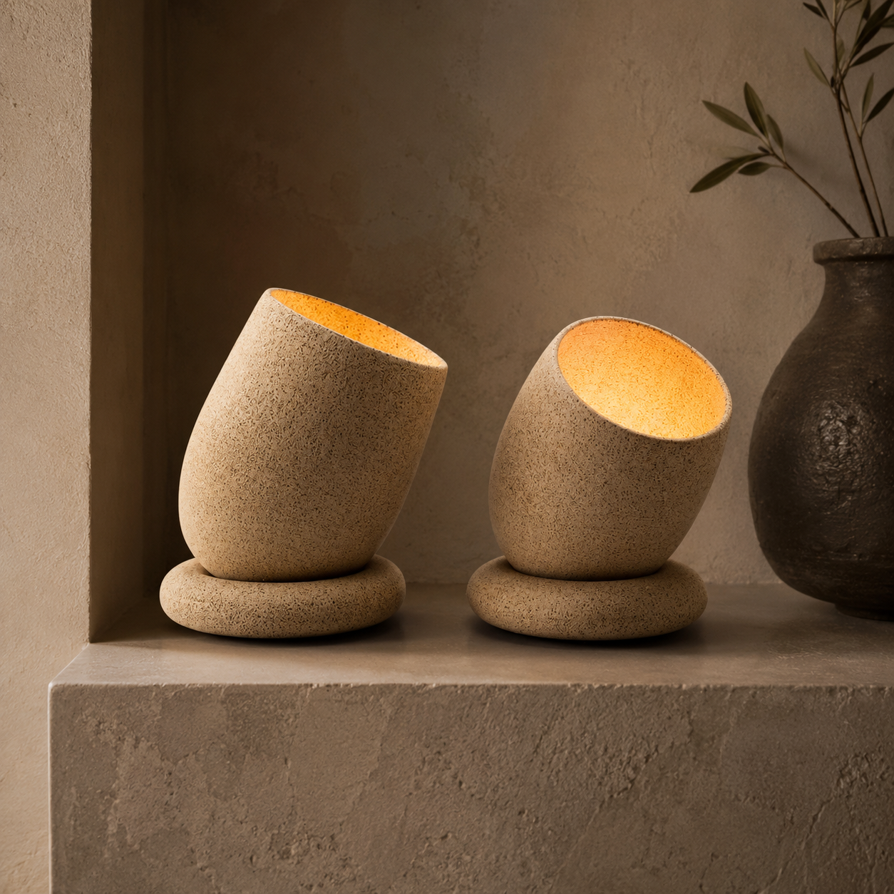Two tilted ceramic tealight holders displayed in a stone alcove with dark ceramic vase and olive branch