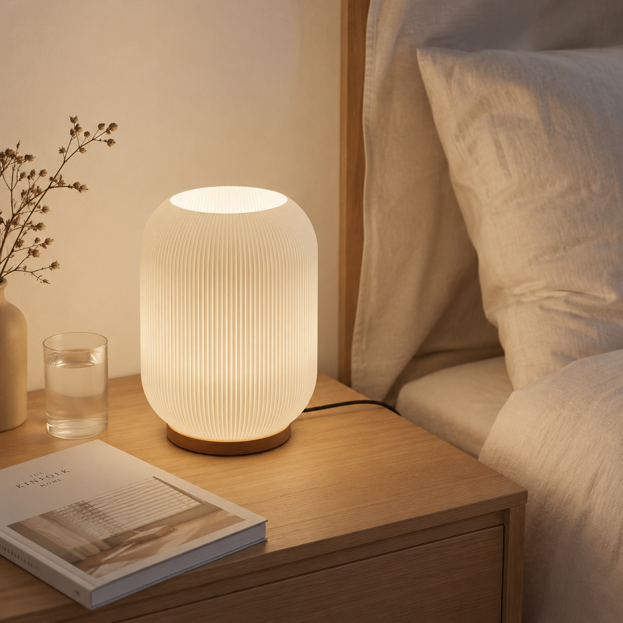 Ribbed frosted glass table lamp with oak wood base glowing on a bedside table with books and dried flowers