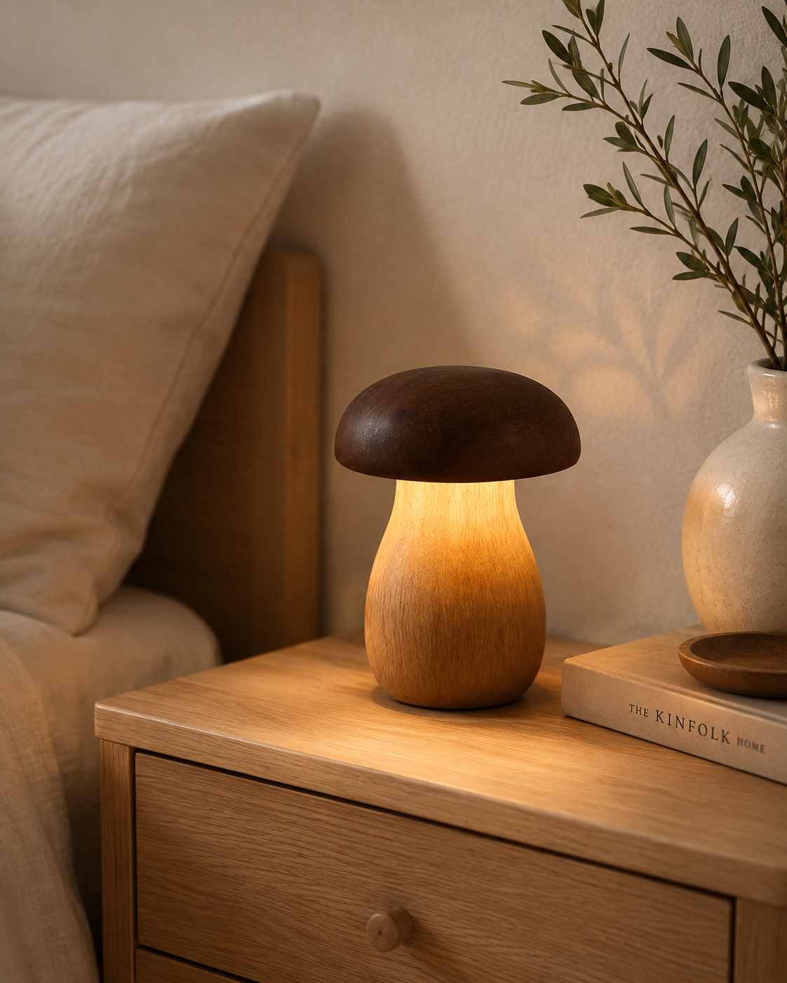 Mushroom wood table lamp glowing warm amber on an oak bedside table with books and ceramic vase