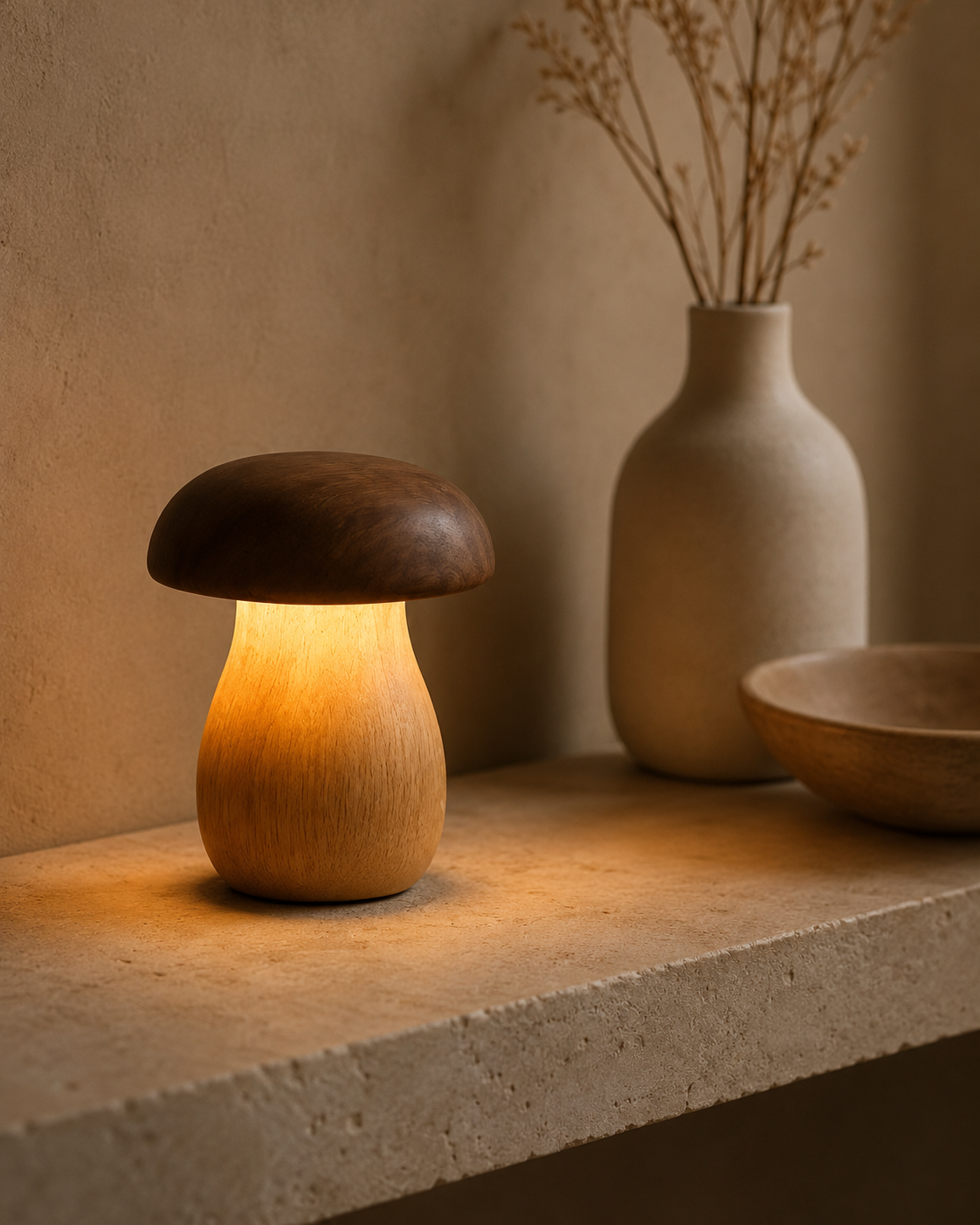 Mushroom lamp with dark walnut cap glowing on a stone shelf with ceramic vases and dried botanicals