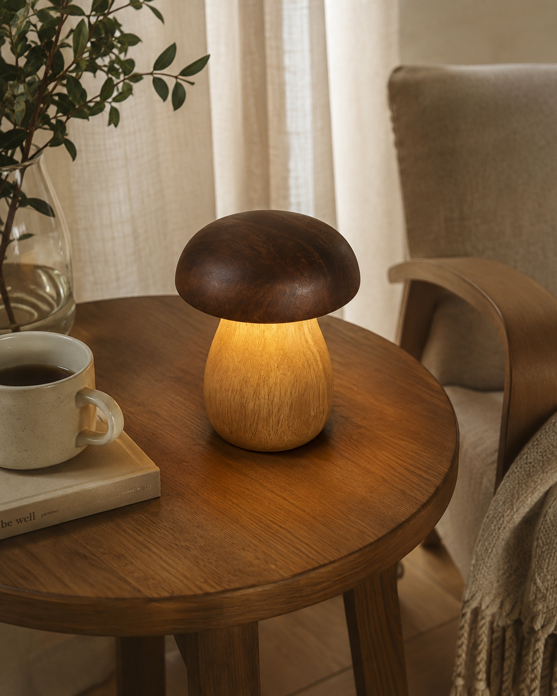 Wooden mushroom table lamp on a round walnut side table with coffee cup and book in a cosy living room