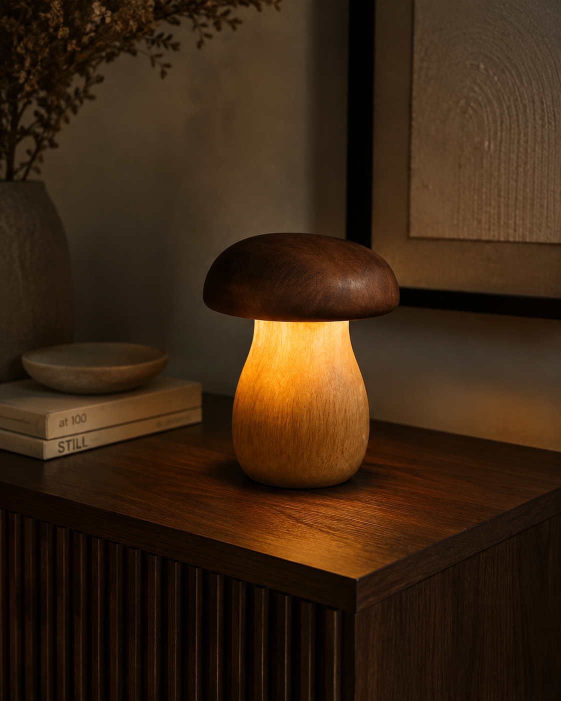 Mushroom wood lamp glowing on a dark ribbed sideboard with books and ceramic bowl in a moody room